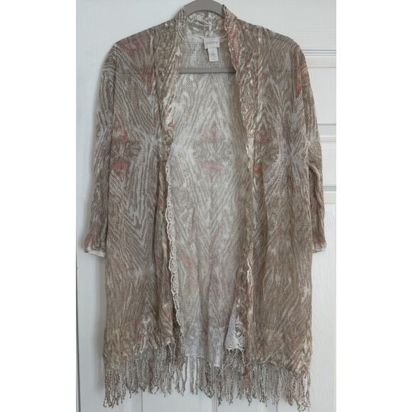 Chico's Tops - Chicos Open Knit Kimono Sz LG (2) Lightweight Fringe Pink Tan Beach Boho Festiva